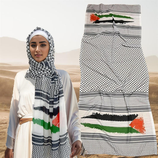Palestinian Keffiyeh Scarf – Chiffon Print Hijab Shawl — front view | Maha The Label modest wear