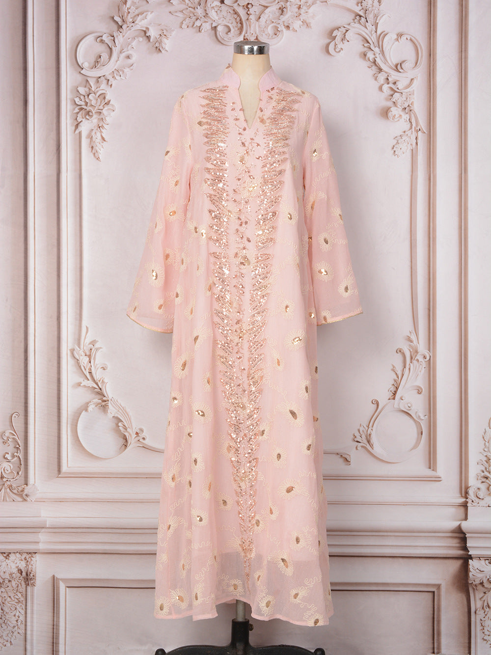 MH133 Luxury Embroidered Sequin Abaya Dress – Elegant Pink Modest Kaftan for Eid & Special Occasions