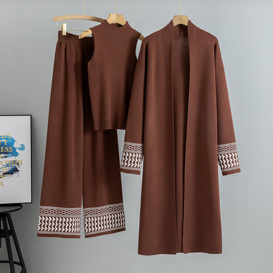 Abaya 3-Piece Knit Set – Cardigan, Mock-Neck Top & Wide-Leg | front view | Maha The Label modest fashion