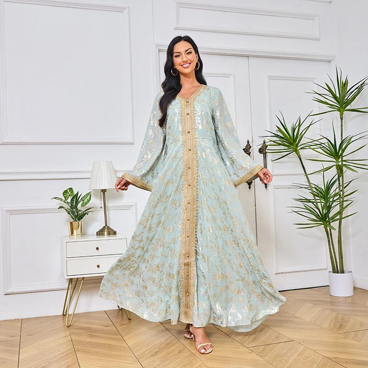 MH84 Summer Dubai Abaya Dress | Lightweight Gold Print Modest Maxi Kaftan