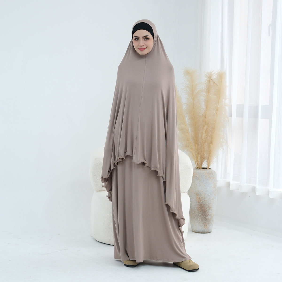 Modal Jersey Prayer Outfit Set – One-Piece Khimar & Long Dre | fabric texture detail | Maha The Label modest wear