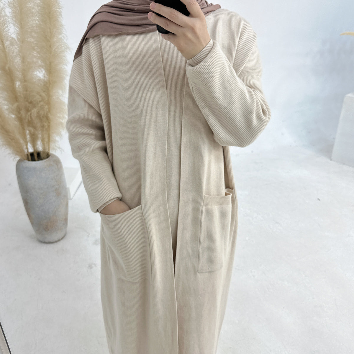 MH82 Winter Knit Abaya Set – 2-Piece Modest Co-ord (Open Cardigan + Inner Dress) with Pockets