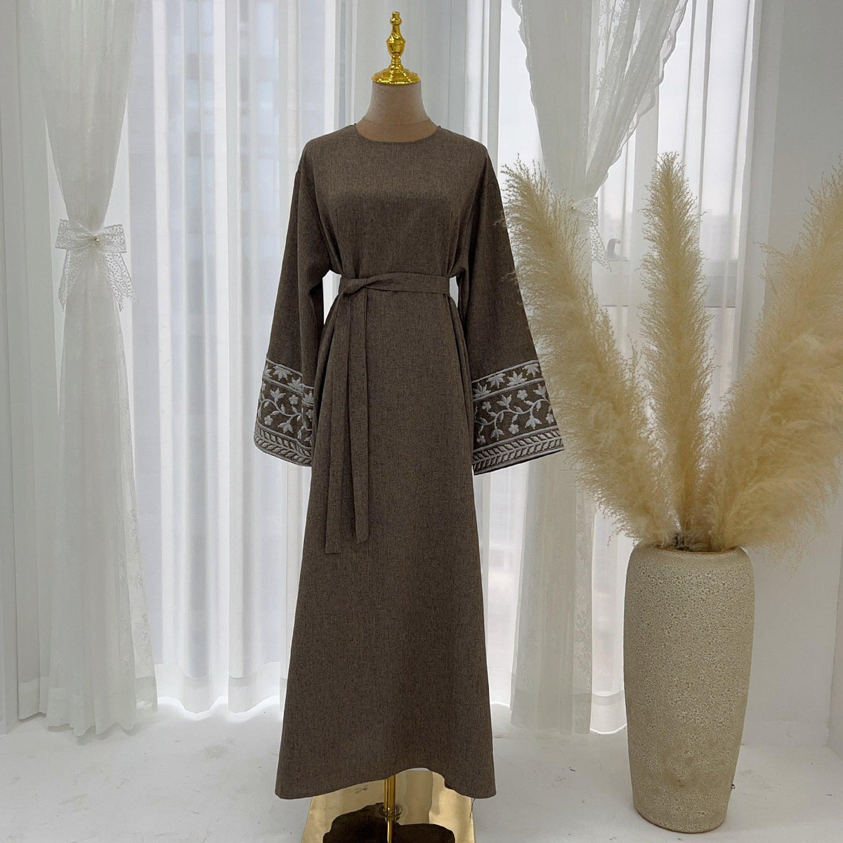 Ramadan Dubai Abaya Dress - Soft Embroidery Kefiyyeh Belted Robe | Modest Islamic Clothing for Women - Mahathelabel