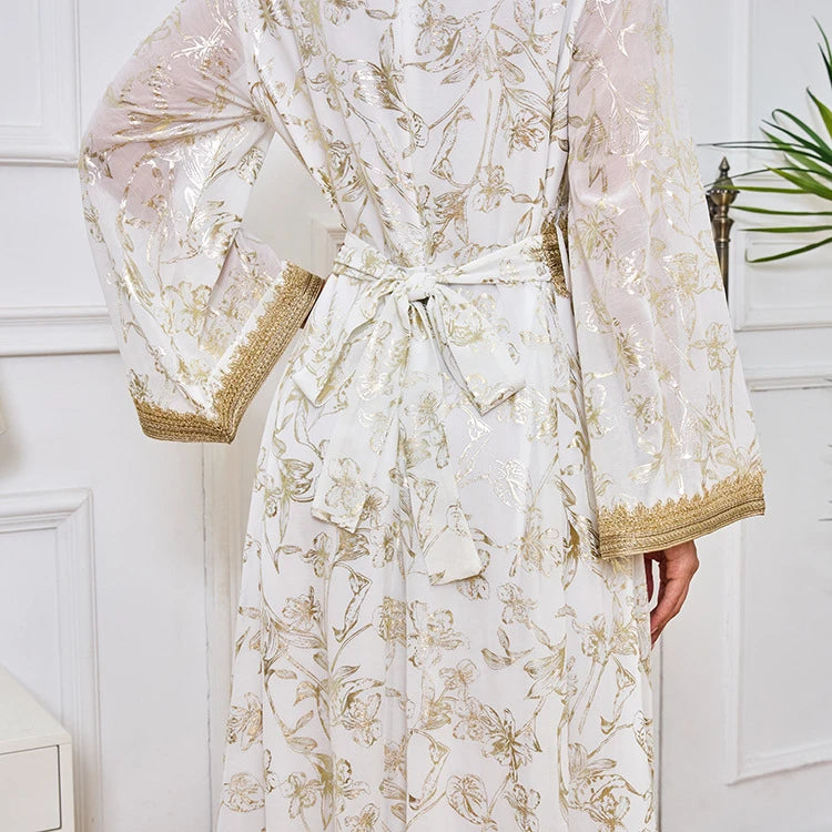 MH84 Summer Dubai Abaya Dress | Lightweight Gold Print Modest Maxi Kaftan