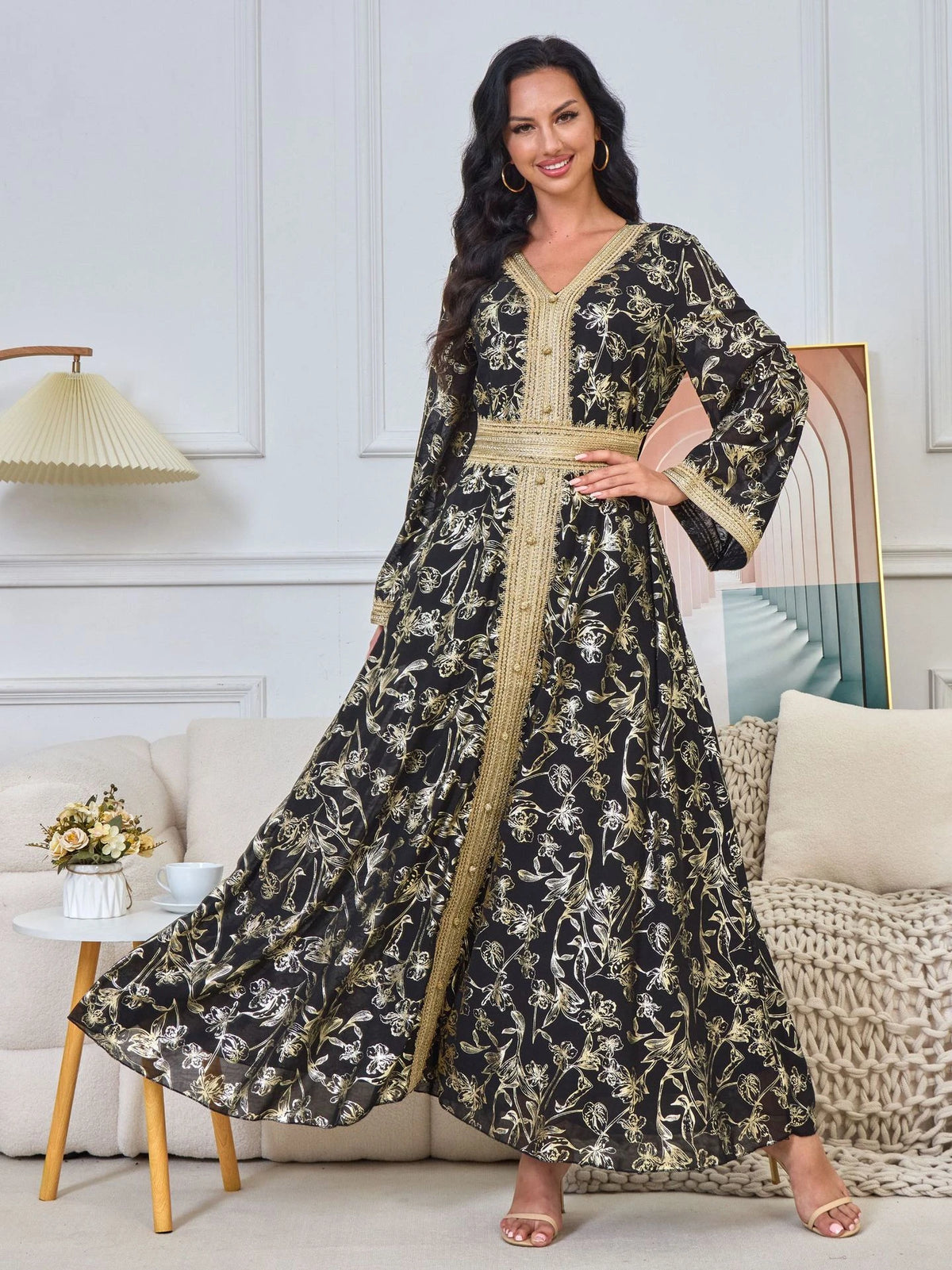 MH84 Summer Dubai Abaya Dress | Lightweight Gold Print Modest Maxi Kaftan