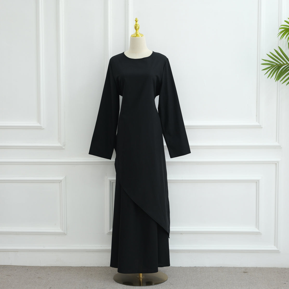 MH87 Modest Cotton-Linen Two-Piece Set – Asymmetric Drape Top & Maxi Skirt | Muslim Women Outfit for Eid & Daily Wear