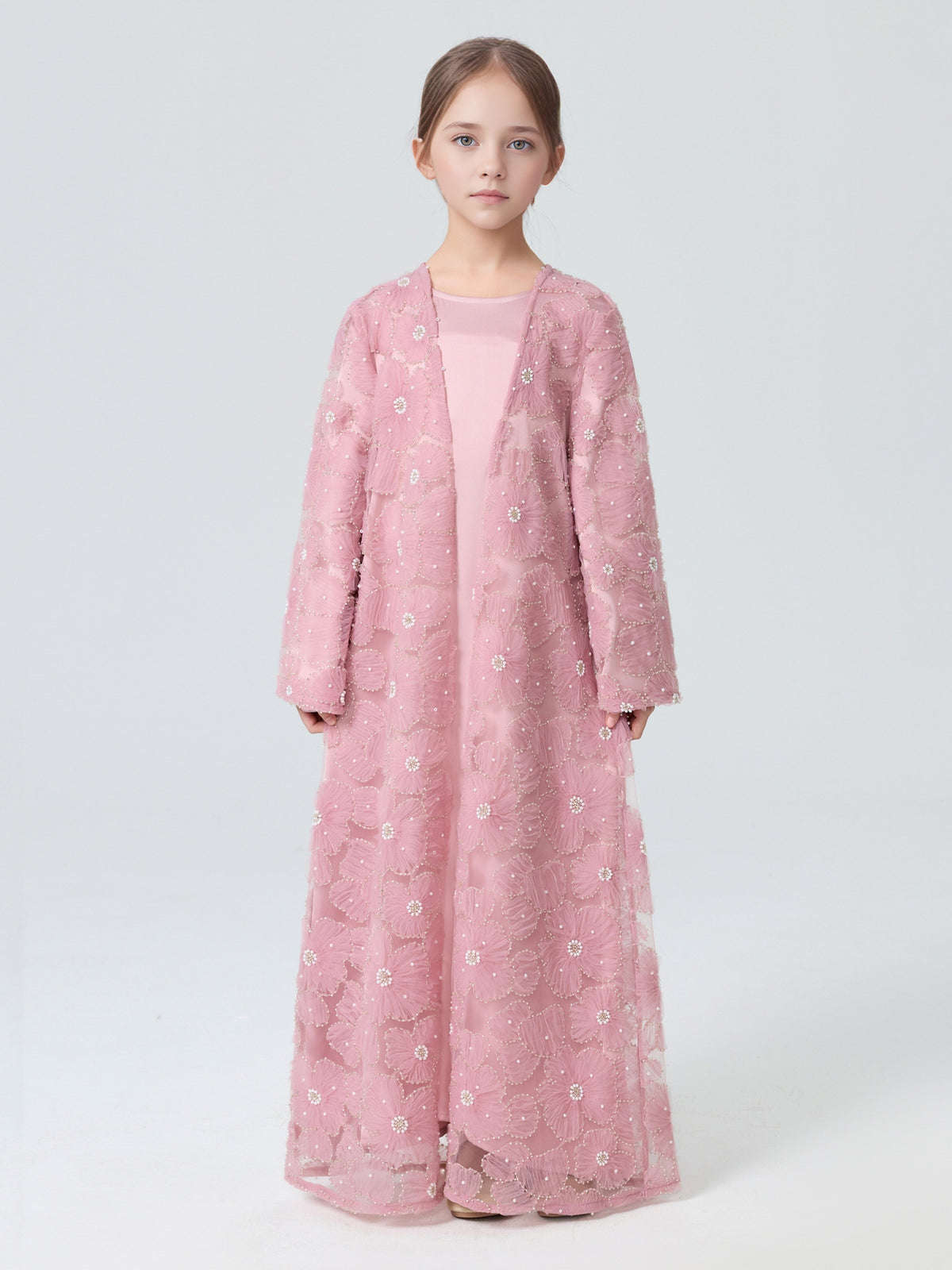 MH122 | Girls 2-Piece Mesh Flower Bead Jacket & Satin Dress Set | Ages 7–14