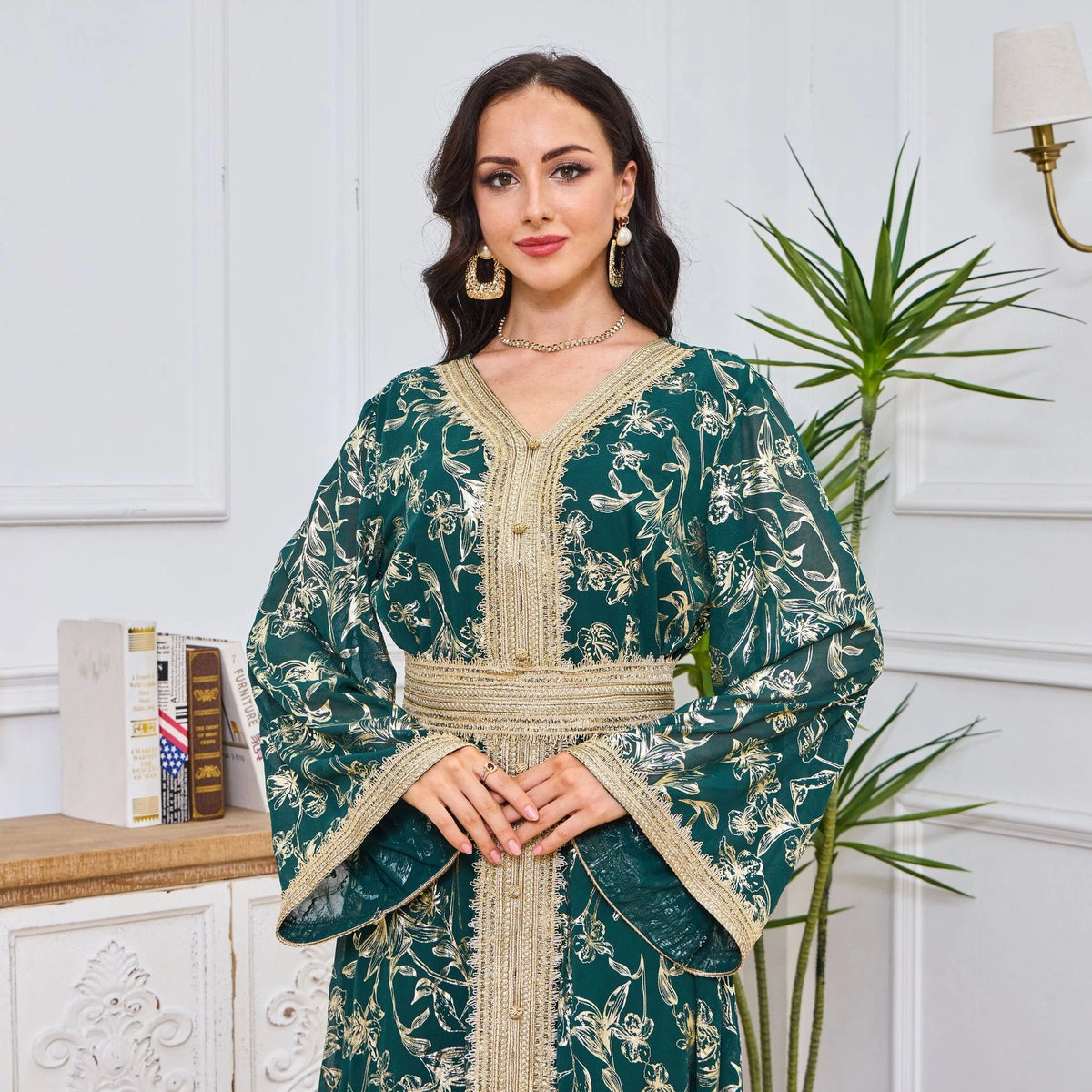 MH84 Summer Dubai Abaya Dress | Lightweight Gold Print Modest Maxi Kaftan
