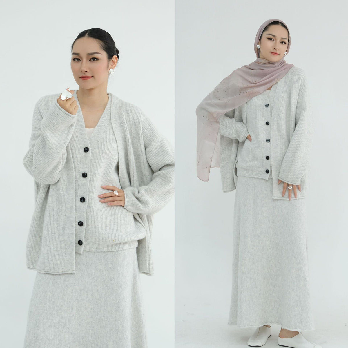 MH72 Winter Knit 3-Piece Abaya Set for Muslim Women – Modest Hijabi Co-ord (Cardigan + Vest + Skirt)