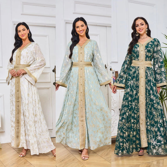 MH84 Summer Dubai Abaya Dress | Lightweight Gold Print Modest Maxi Kaftan