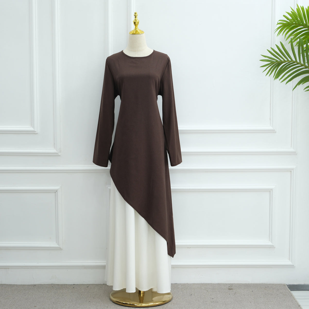 MH87 Modest Cotton-Linen Two-Piece Set – Asymmetric Drape Top & Maxi Skirt | Muslim Women Outfit for Eid & Daily Wear