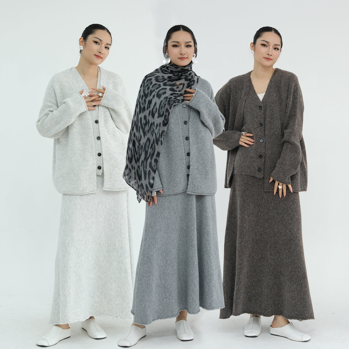 MH72 Winter Knit 3-Piece Abaya Set for Muslim Women – Modest Hijabi Co-ord (Cardigan + Vest + Skirt)