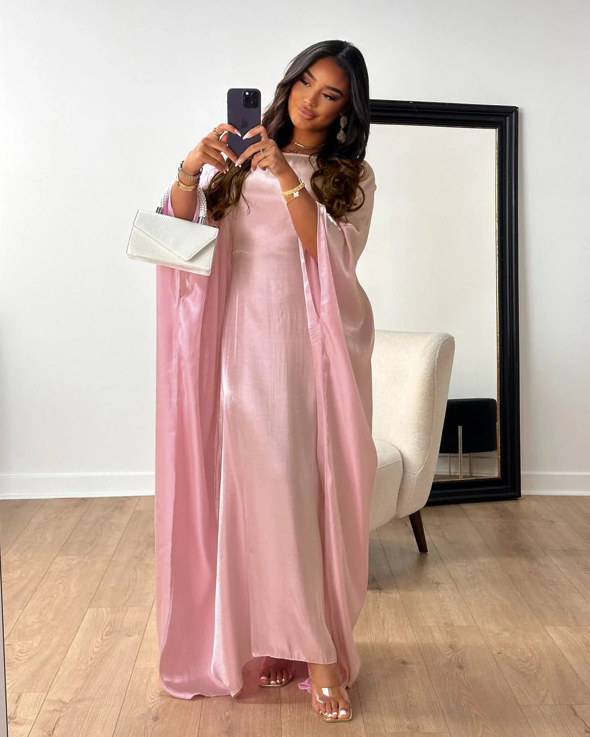MH44 Plus Size Kaftan Abaya – Shiny Eid & Iftar Batwing Dress with Belt