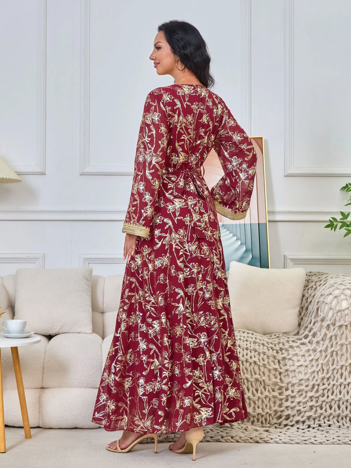 MH84 Summer Dubai Abaya Dress | Lightweight Gold Print Modest Maxi Kaftan