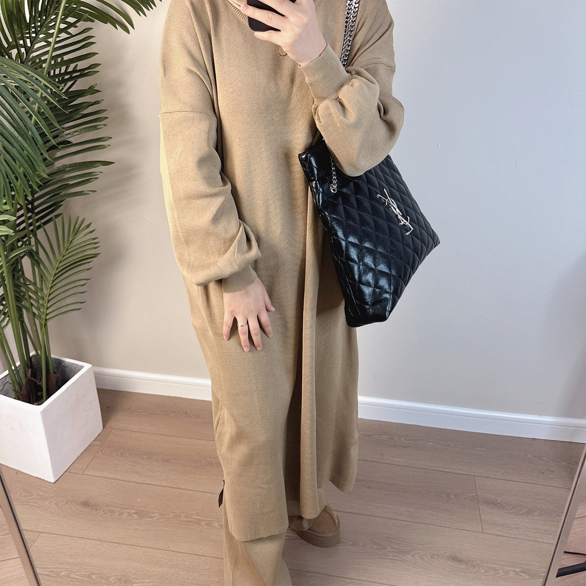 MH77 Thick Knit Sweater Dress + Wide-Leg Pants Set – Modest Two-Piece