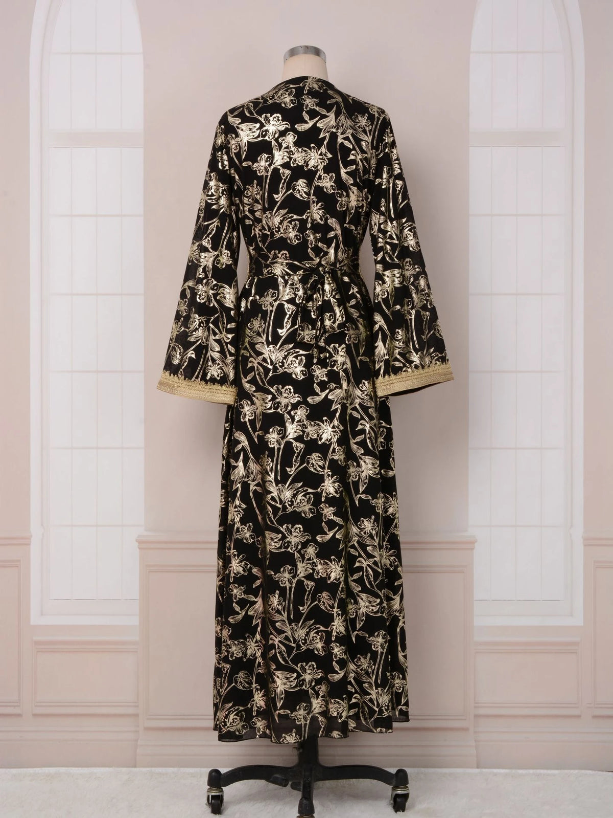 MH84 Summer Dubai Abaya Dress | Lightweight Gold Print Modest Maxi Kaftan