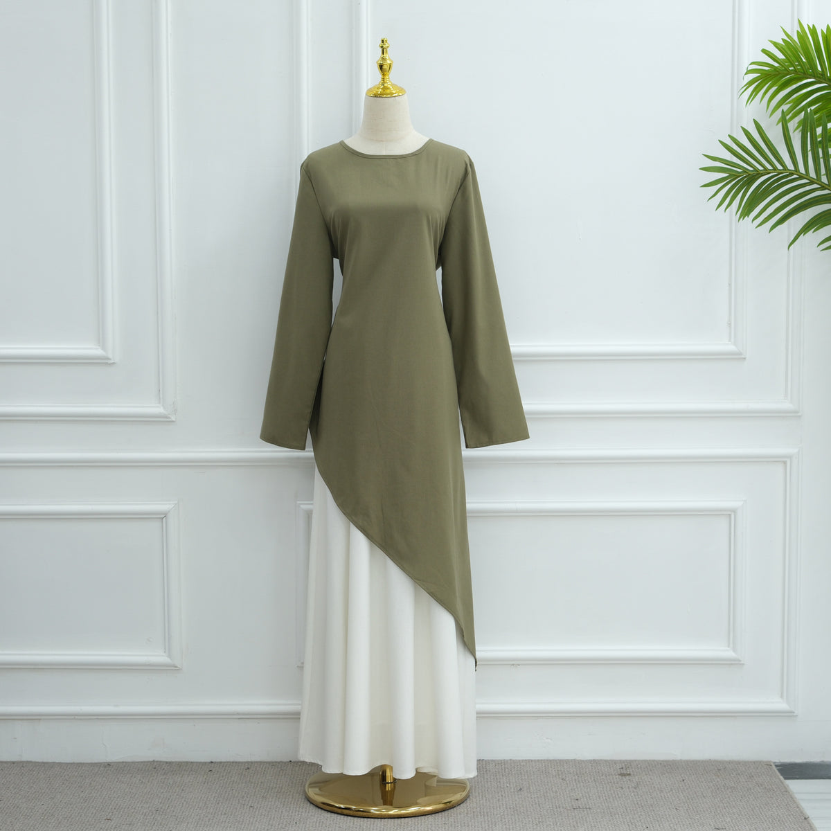 MH87 Modest Cotton-Linen Two-Piece Set – Asymmetric Drape Top & Maxi Skirt | Muslim Women Outfit for Eid & Daily Wear