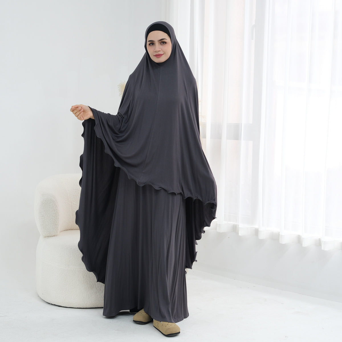 Modal Jersey Prayer Outfit Set – One-Piece Khimar & Long Dre | back view | Maha The Label modest wear