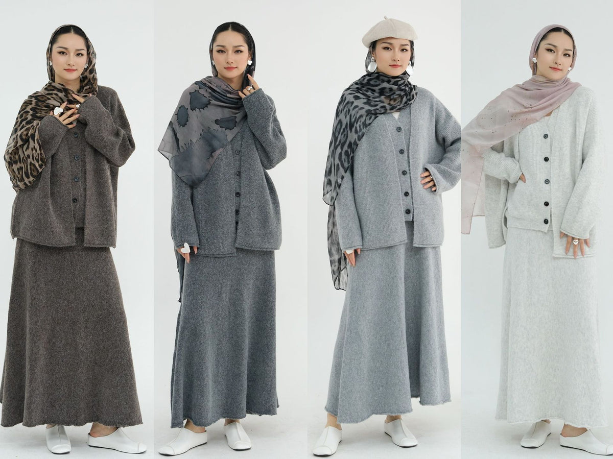 MH72 Winter Knit 3-Piece Abaya Set for Muslim Women – Modest Hijabi Co-ord (Cardigan + Vest + Skirt)