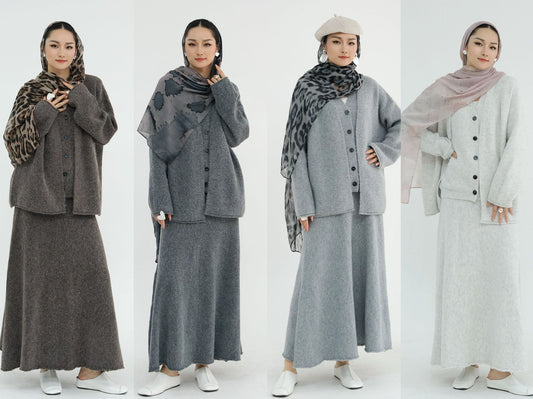 MH72 Winter Knit 3-Piece Abaya Set for Muslim Women – Modest Hijabi Co-ord (Cardigan + Vest + Skirt)