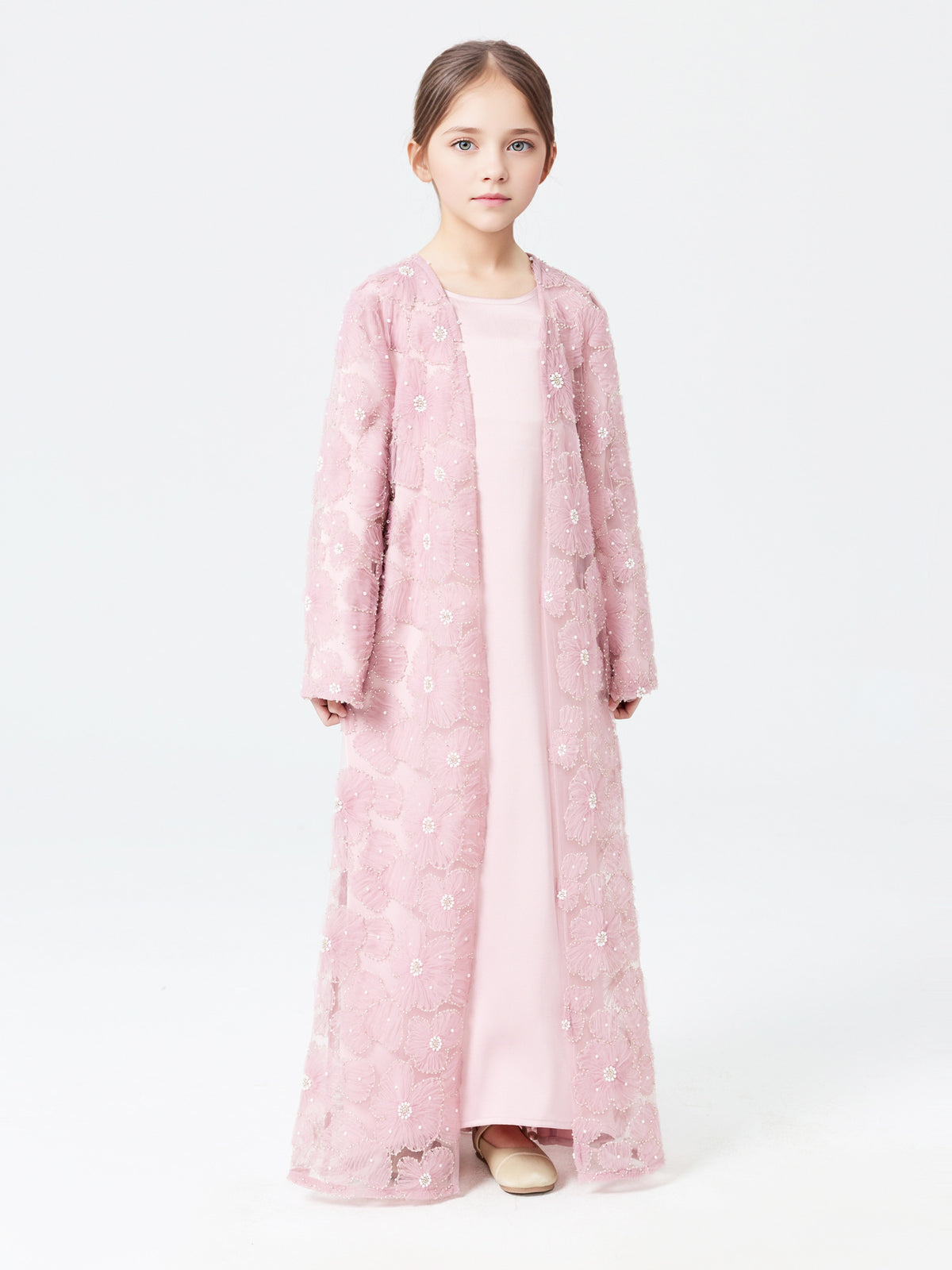 MH122 | Girls 2-Piece Mesh Flower Bead Jacket & Satin Dress Set | Ages 7–14