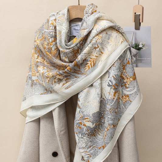 Silk Cashmere Scarf - Warm Wool Square Shawl Tropical Print | front view | Maha The Label hijab