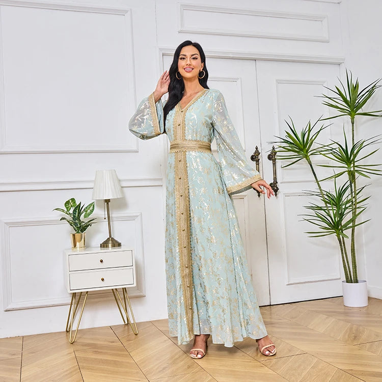 MH84 Summer Dubai Abaya Dress | Lightweight Gold Print Modest Maxi Kaftan