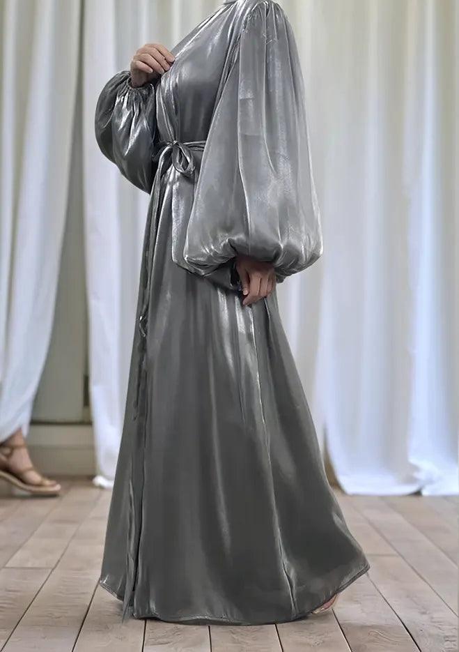 Premium Eid Abaya | Shiny Open Abaya with Balloon Sleeves-GREY - Mahathelabel