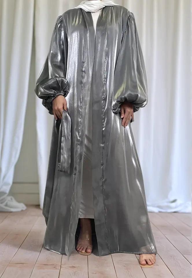 Premium Eid Abaya | Shiny Open Abaya with Balloon Sleeves-GREY - Mahathelabel