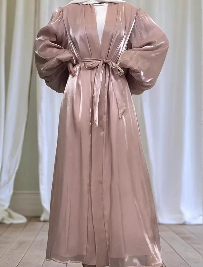 Premium Eid Abaya | Shiny Open Abaya with Balloon Sleeves-PINK - Mahathelabel