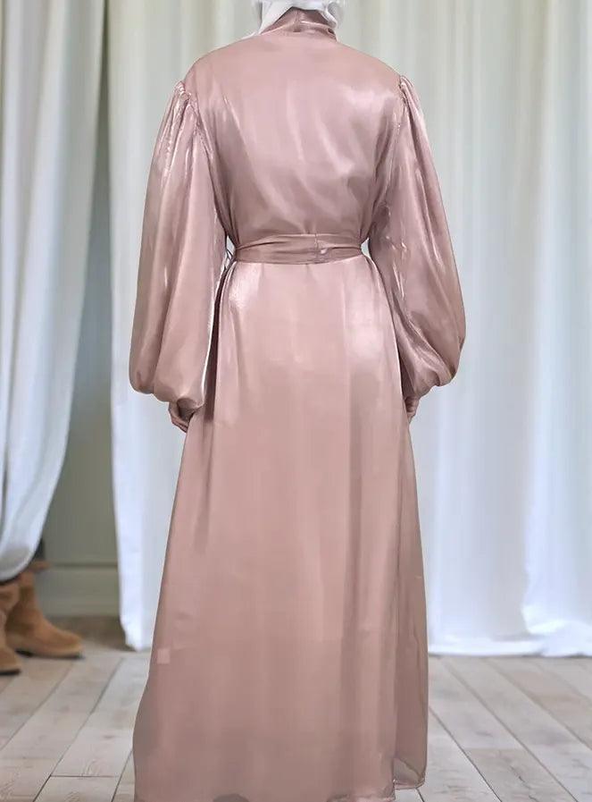 Premium Eid Abaya | Shiny Open Abaya with Balloon Sleeves-PINK - Mahathelabel