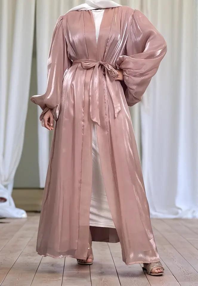 Premium Eid Abaya | Shiny Open Abaya with Balloon Sleeves-PINK - Mahathelabel