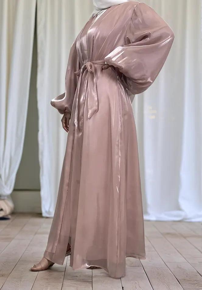Premium Eid Abaya | Shiny Open Abaya with Balloon Sleeves-PINK - Mahathelabel