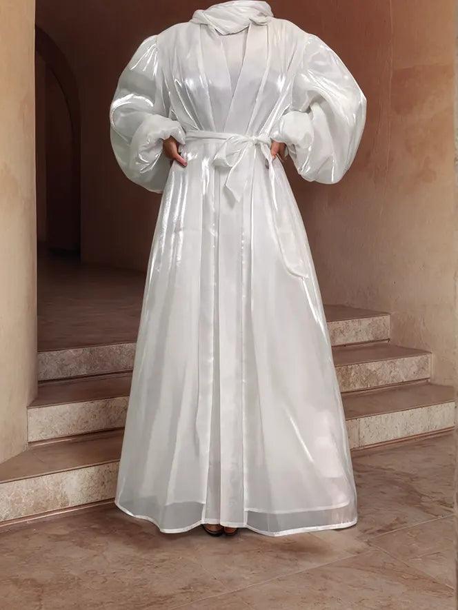 Premium Eid Abaya | Shiny Open Abaya with Balloon Sleeves-WHITE - Mahathelabel