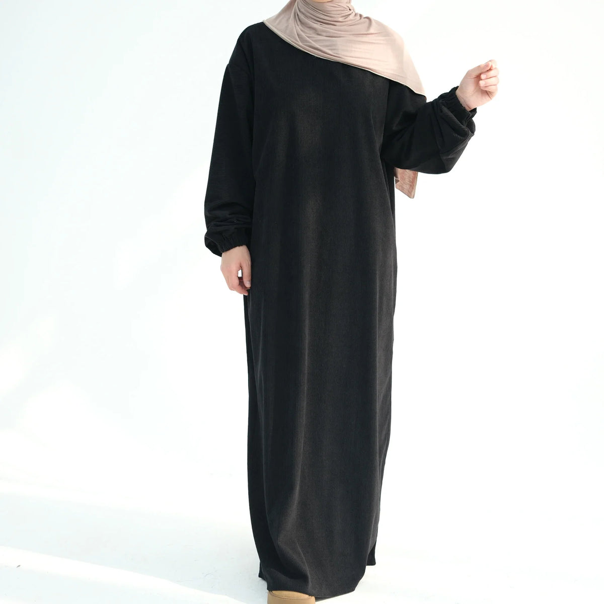 MH32 Safaa Corduroy Winter Abaya Dress | Modest Ribbed Cuff Maxi for Women