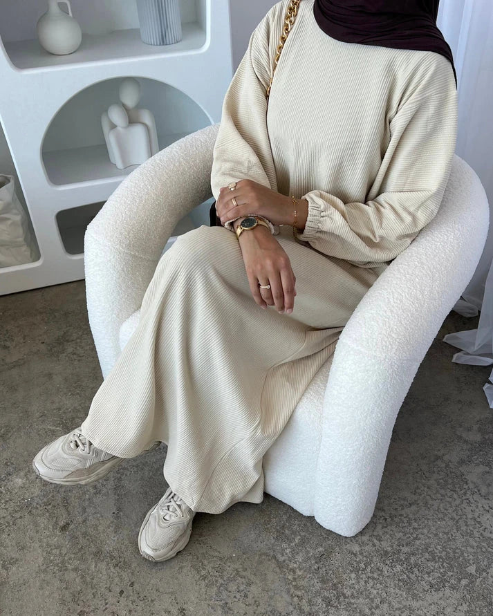 MH32 Safaa Corduroy Winter Abaya Dress | Modest Ribbed Cuff Maxi for Women