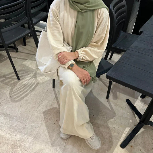 MH32 Safaa Corduroy Winter Abaya Dress | Modest Ribbed Cuff Maxi for Women