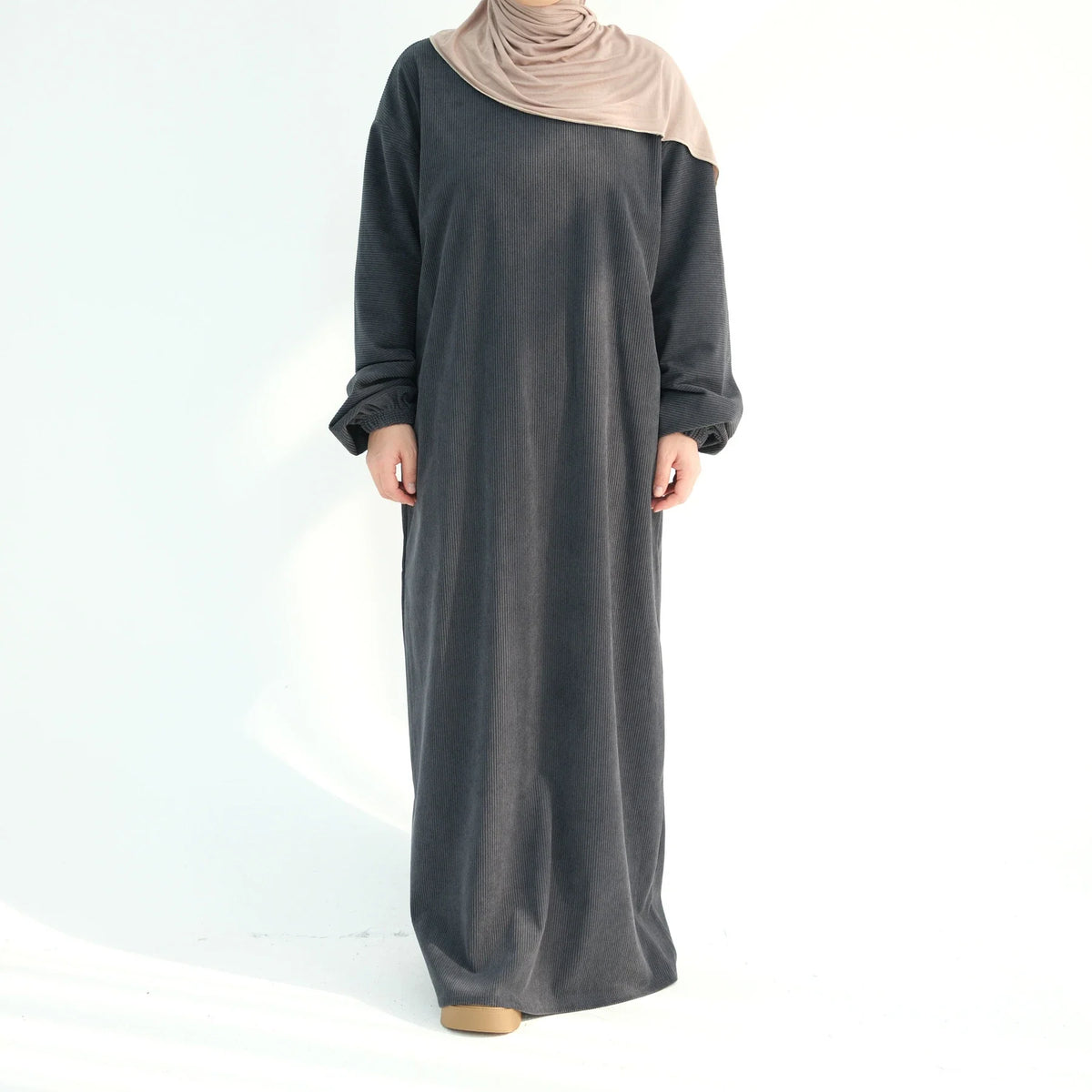 MH32 Safaa Corduroy Winter Abaya Dress | Modest Ribbed Cuff Maxi for Women