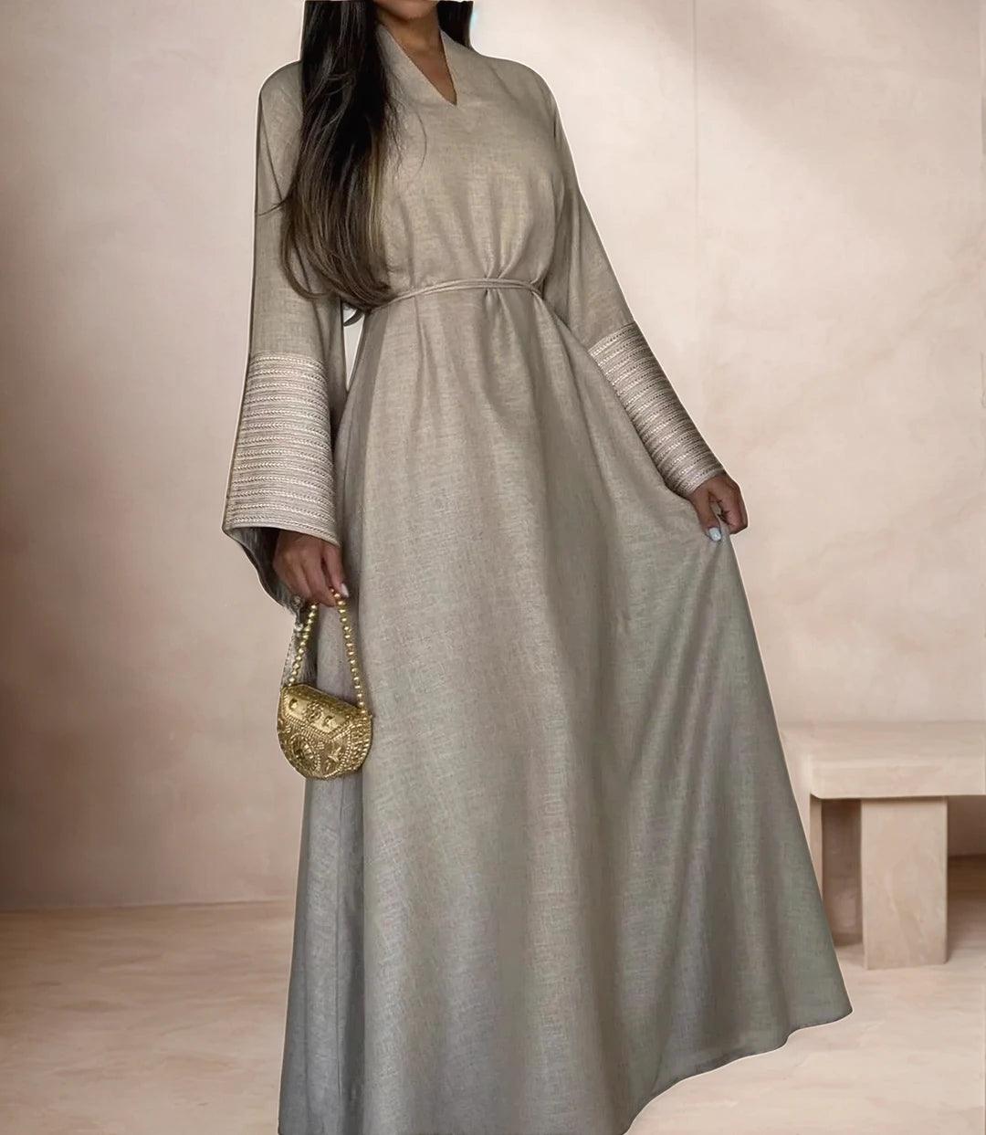 V-Neck Linen Abaya with Silver Embroidered Sleeves and Belt| MAHA THE LABEL - Mahathelabel