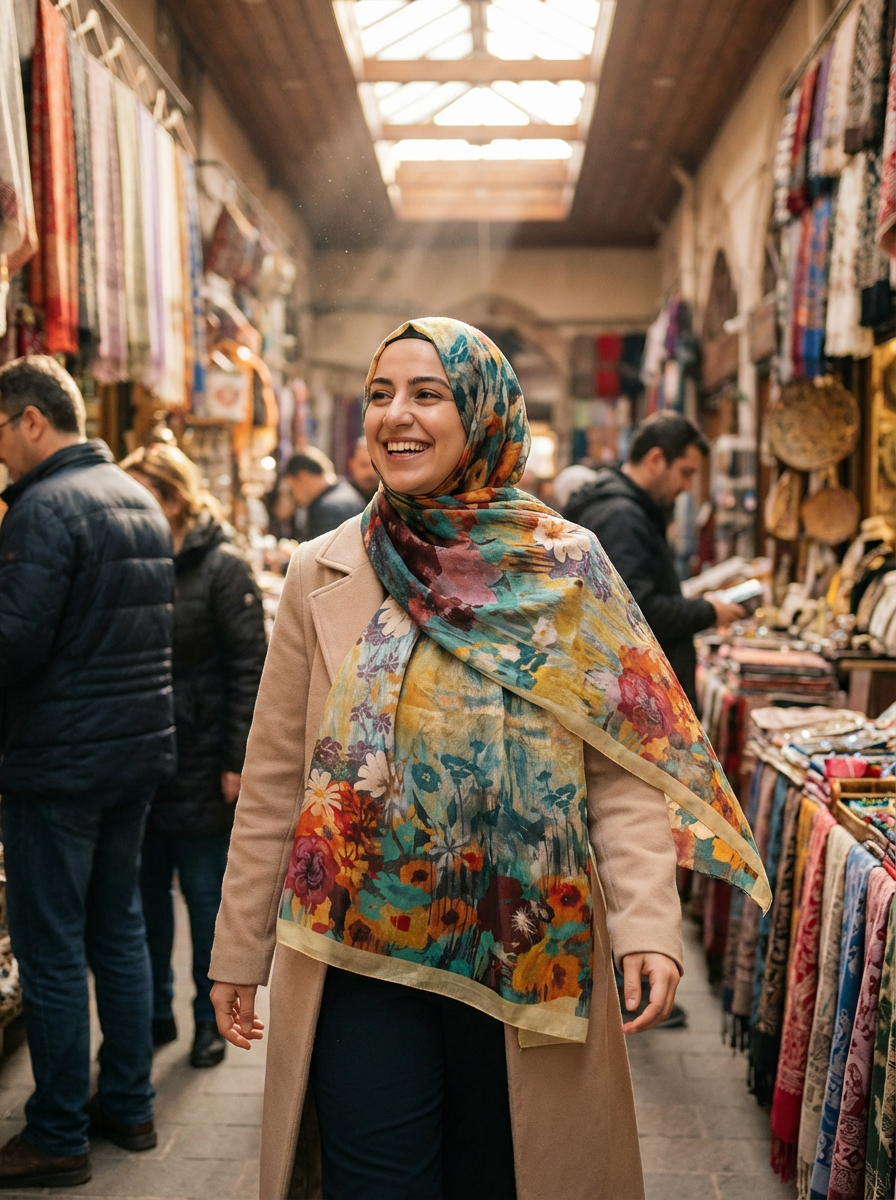 Colorful Blooms Mulberry Silk Scarf - Luxury Print Shawl | P | back view | Maha The Label hijab scarf