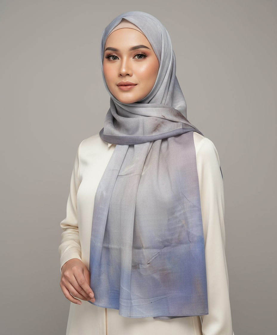 Premium Modal Hijab Scarf - Elegant Ink Print Shawl Wom — detail close-up | Maha The Label hijab