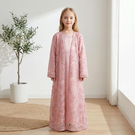 MH122 | Girls 2-Piece Mesh Flower Bead Jacket & Satin Dress Set | Ages 7–14