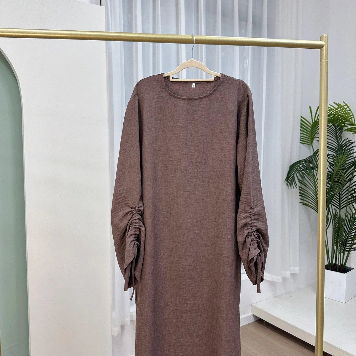 MH37 Ruched Long Sleeve Crepe Linen Slip Dress with Tie Shirring – Modest Occasion Wear