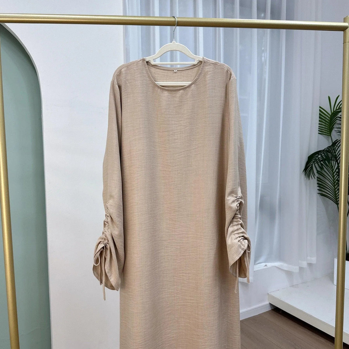 MH37 Ruched Long Sleeve Crepe Linen Slip Dress with Tie Shirring – Modest Occasion Wear