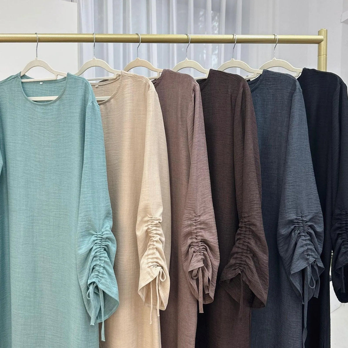MH37 Ruched Long Sleeve Crepe Linen Slip Dress with Tie Shirring – Modest Occasion Wear