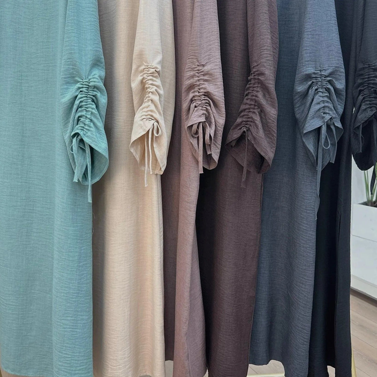 MH37 Ruched Long Sleeve Crepe Linen Slip Dress with Tie Shirring – Modest Occasion Wear