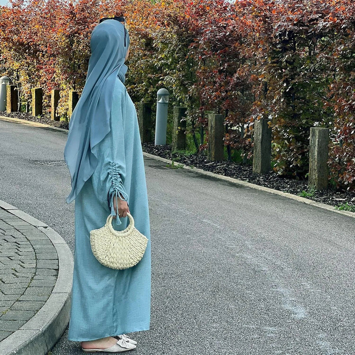 MH37 Ruched Long Sleeve Crepe Linen Slip Dress with Tie Shirring – Modest Occasion Wear