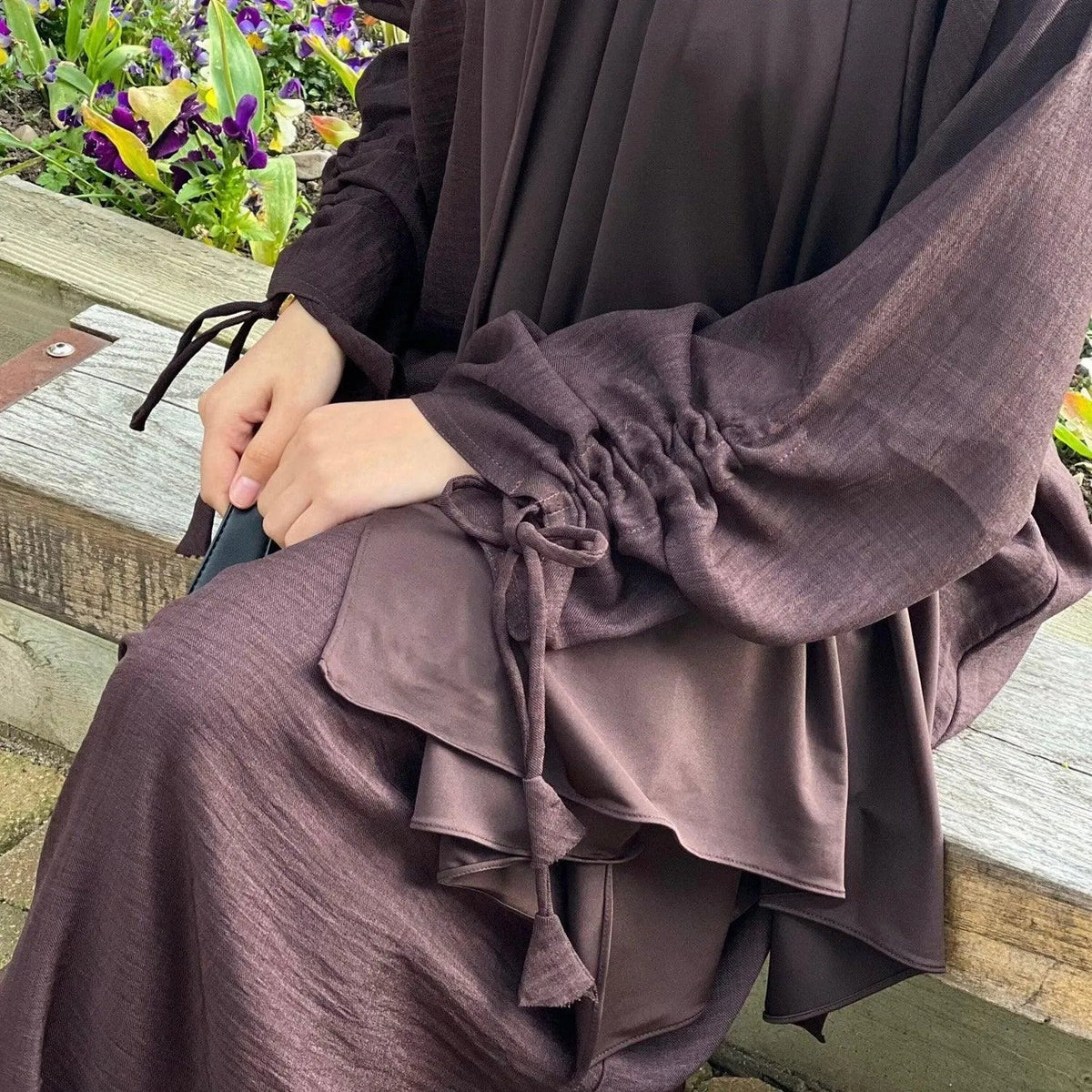 MH37 Ruched Long Sleeve Crepe Linen Slip Dress with Tie Shirring – Modest Occasion Wear