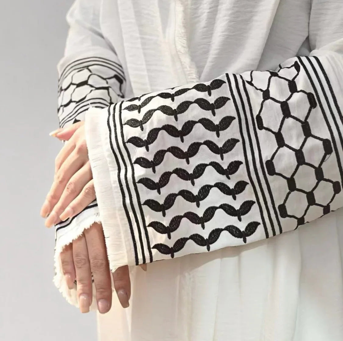 Keffiyeh Kimono Abaya – Belted Robe with Tassels (Cardigan + | view 13 | Maha The Label modest fashion outfit