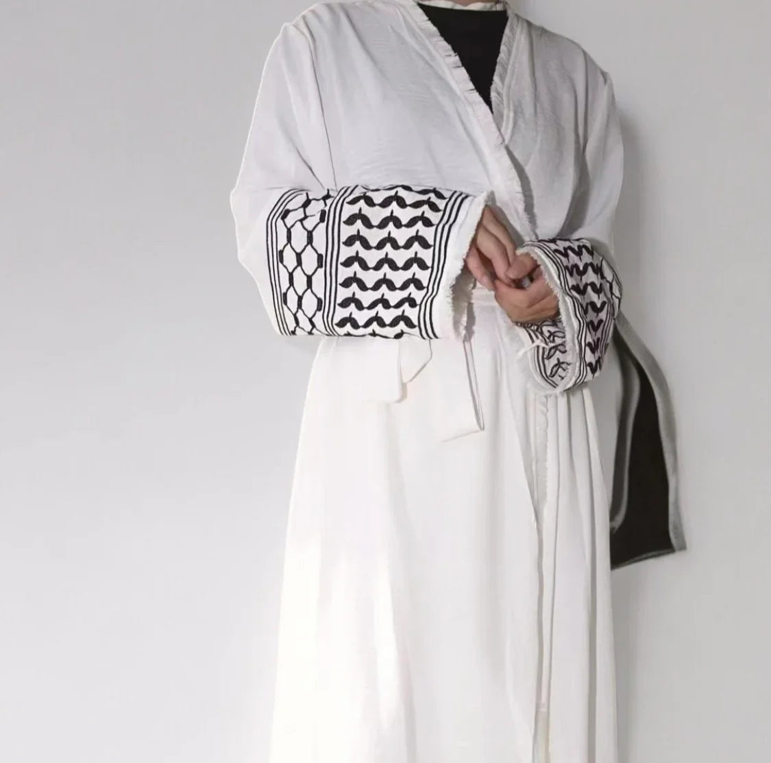 Keffiyeh Kimono Abaya – Belted Robe with Tassels (Cardigan + | view 15 | Maha The Label modest fashion outfit